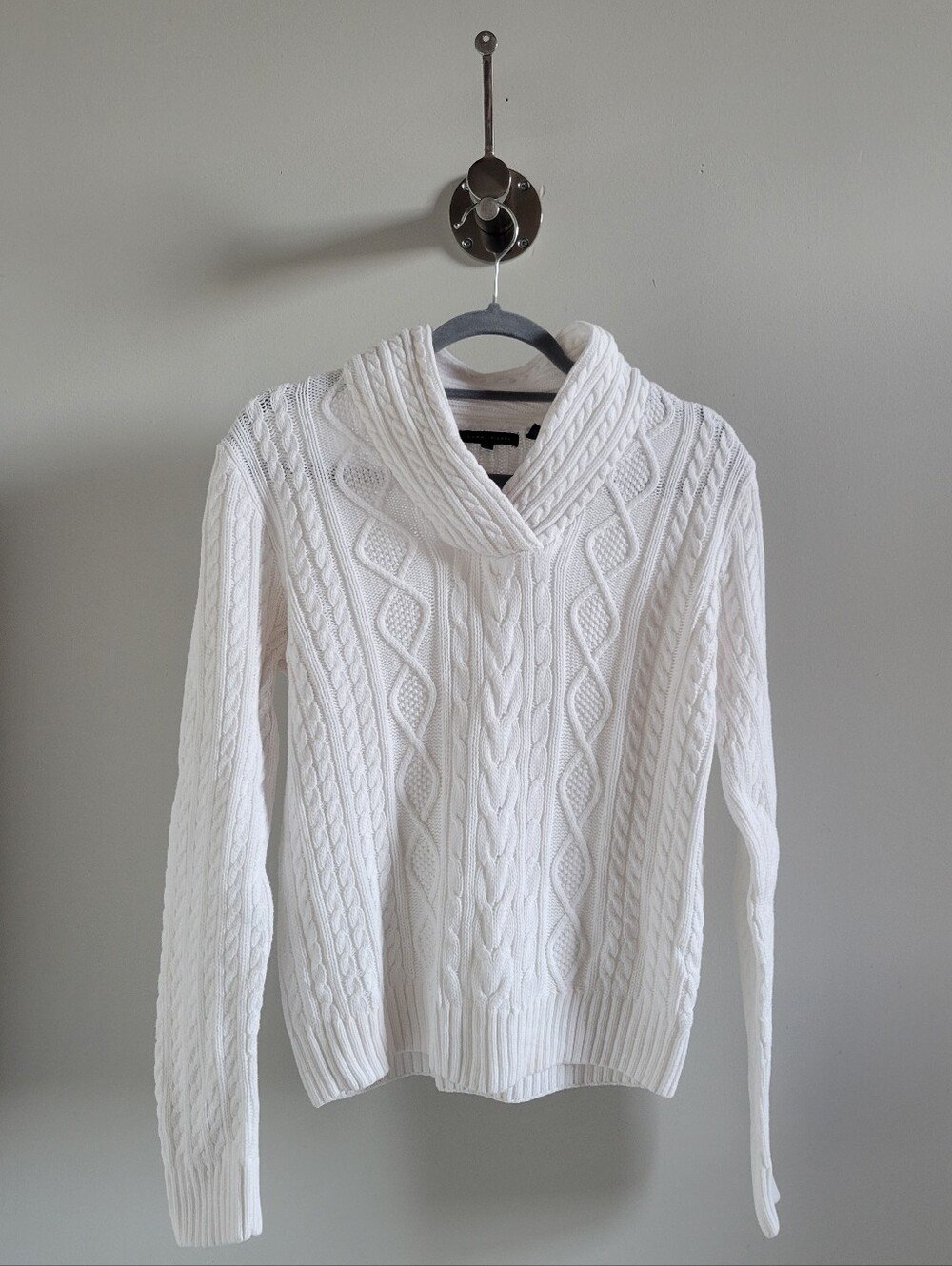 Jeanne Pierre Cable Knit Shawl Collar Sweater White M